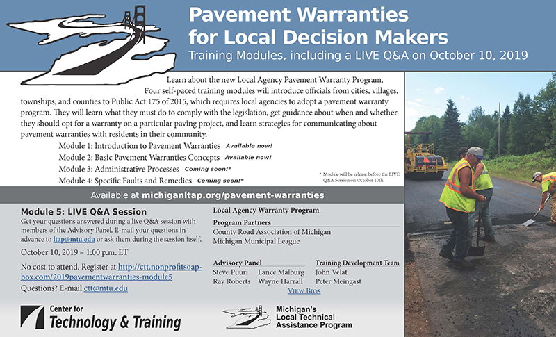 Flyer advertising five modules in the pavement warranties training series