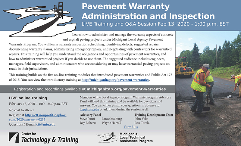 Flyer advertising five modules in the pavement warranties training series
